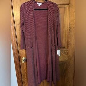 LuLaRoe Sarah Duster Sweater Long Cardigan Pin Stripe Red Black Pocket Small NWT